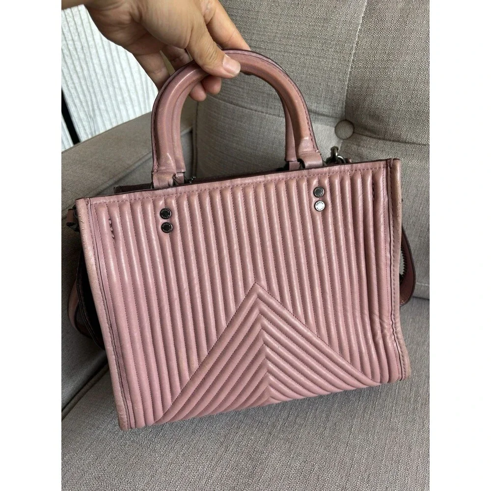 Coach 1941 Rogue 25 Dusty Rose Quilted Rivets Leather Satchel Handbag Shoulder
